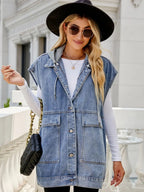 Hooded Sleeveless Denim Top with Pockets - Charmdeals