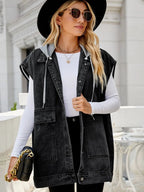 Hooded Sleeveless Denim Top with Pockets - Charmdeals