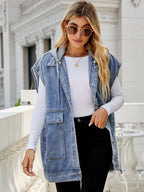 Hooded Sleeveless Denim Top with Pockets - Charmdeals