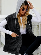 Hooded Sleeveless Denim Top with Pockets - Charmdeals