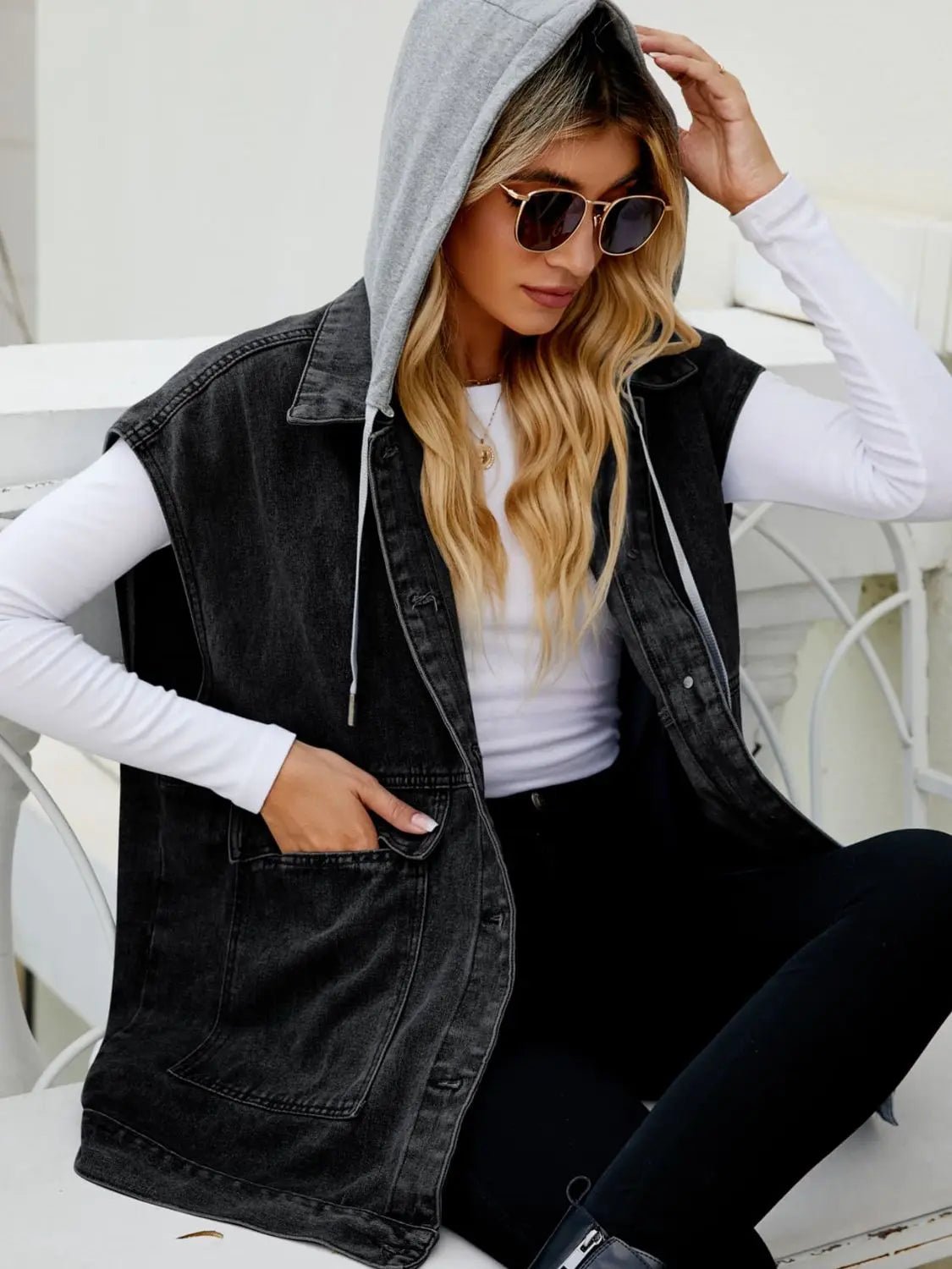 Hooded Sleeveless Denim Top with Pockets - Charmdeals