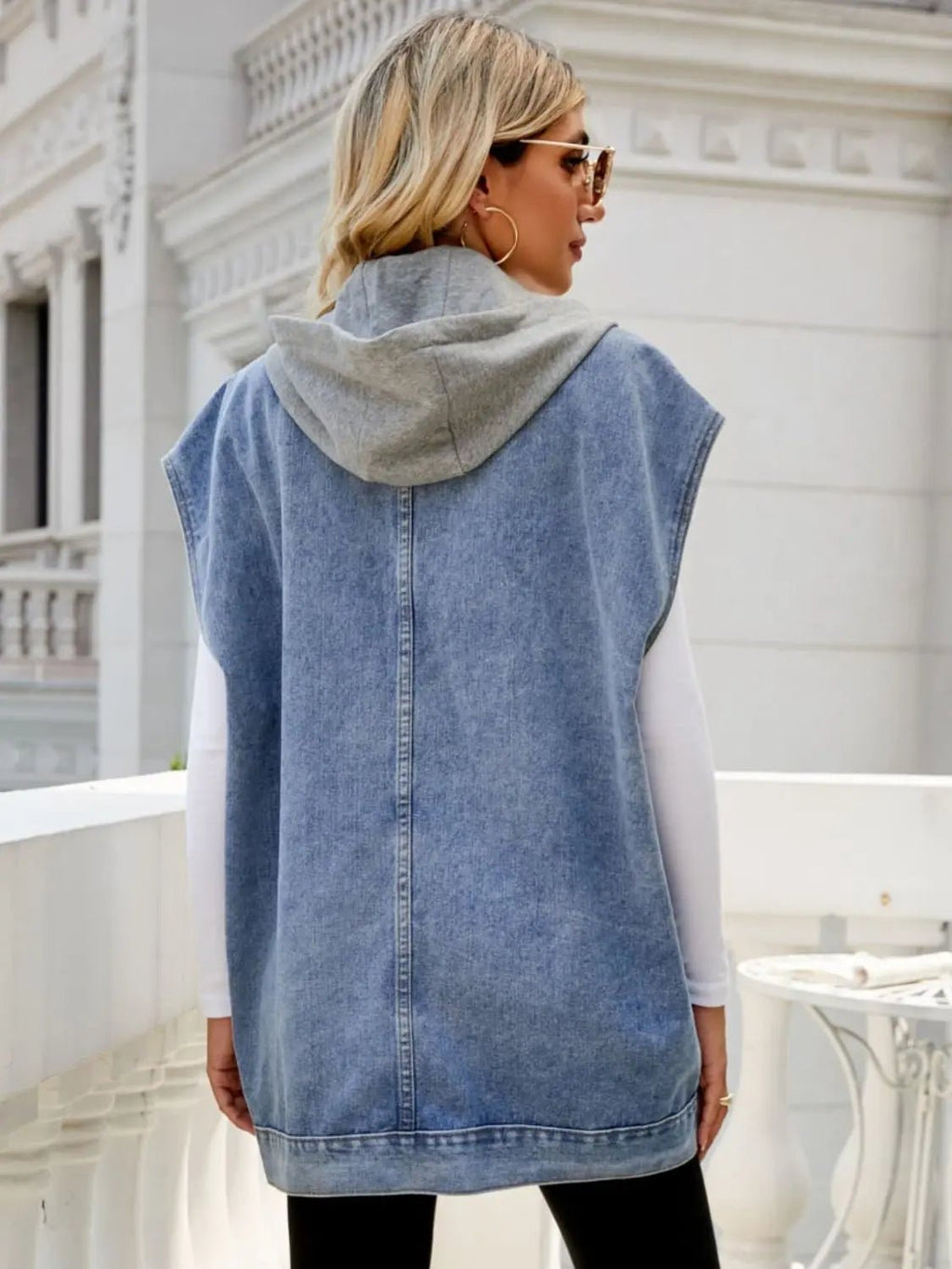 Hooded Sleeveless Denim Top with Pockets - Charmdeals