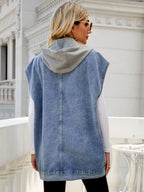 Hooded Sleeveless Denim Top with Pockets - Charmdeals