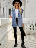 Hooded Sleeveless Denim Top with Pockets - Charmdeals