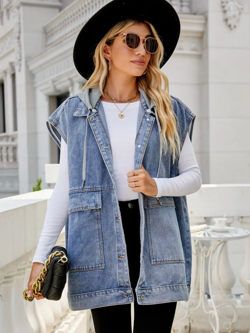 Hooded Sleeveless Denim Top with Pockets - Charmdeals