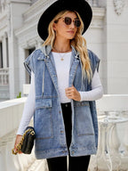 Hooded Sleeveless Denim Top with Pockets - Charmdeals