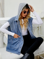 Hooded Sleeveless Denim Top with Pockets - Charmdeals
