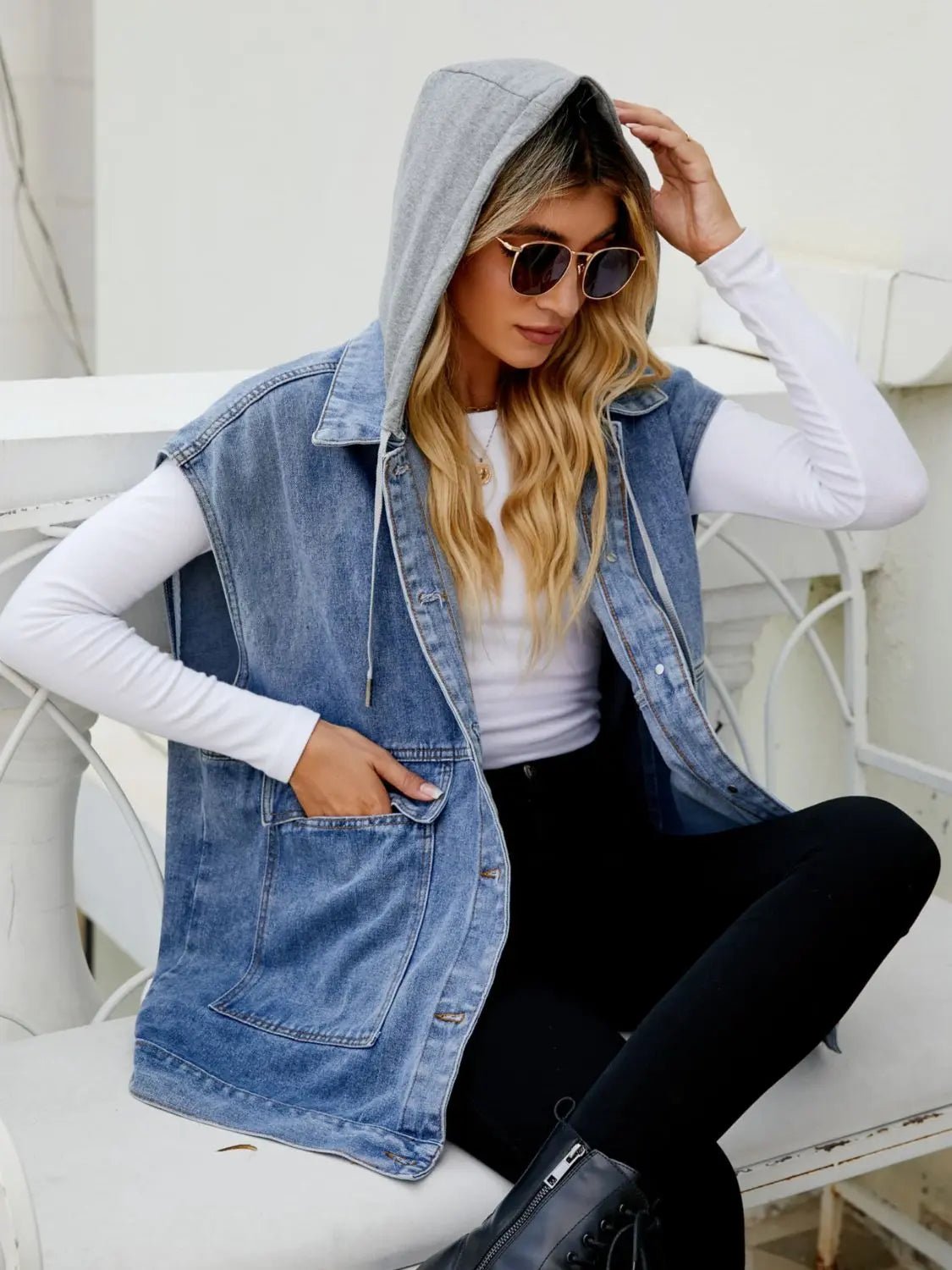 Hooded Sleeveless Denim Top with Pockets - Charmdeals