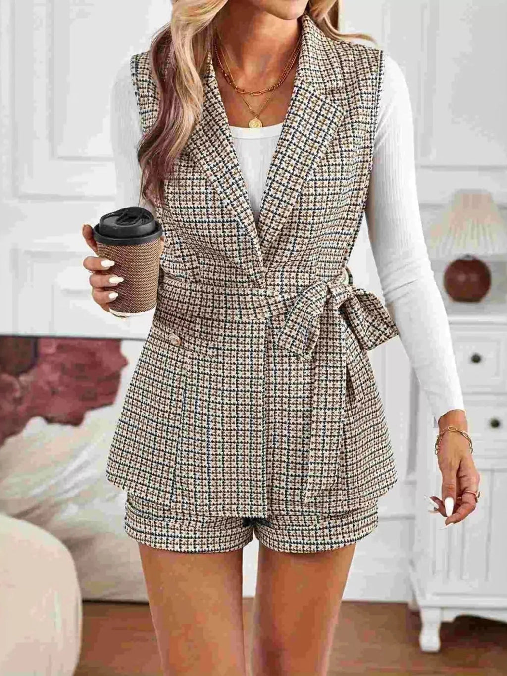 Houndstooth Lapel Collar Vest Coat and Shorts Set - Charmdeals