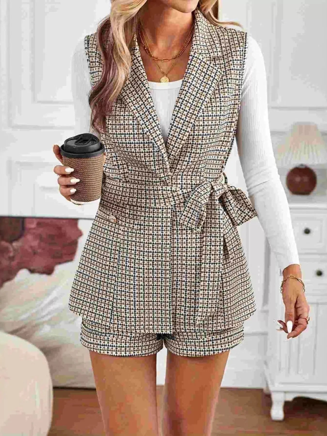 Houndstooth Lapel Collar Vest Coat and Shorts Set - Charmdeals
