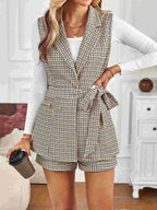 Houndstooth Lapel Collar Vest Coat and Shorts Set - Charmdeals