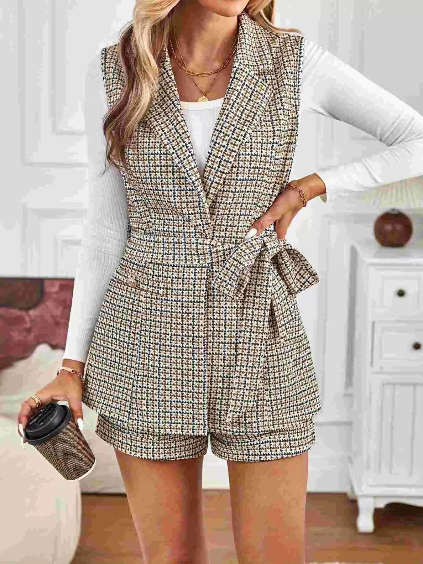 Houndstooth Lapel Collar Vest Coat and Shorts Set - Charmdeals