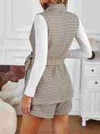 Houndstooth Lapel Collar Vest Coat and Shorts Set - Charmdeals