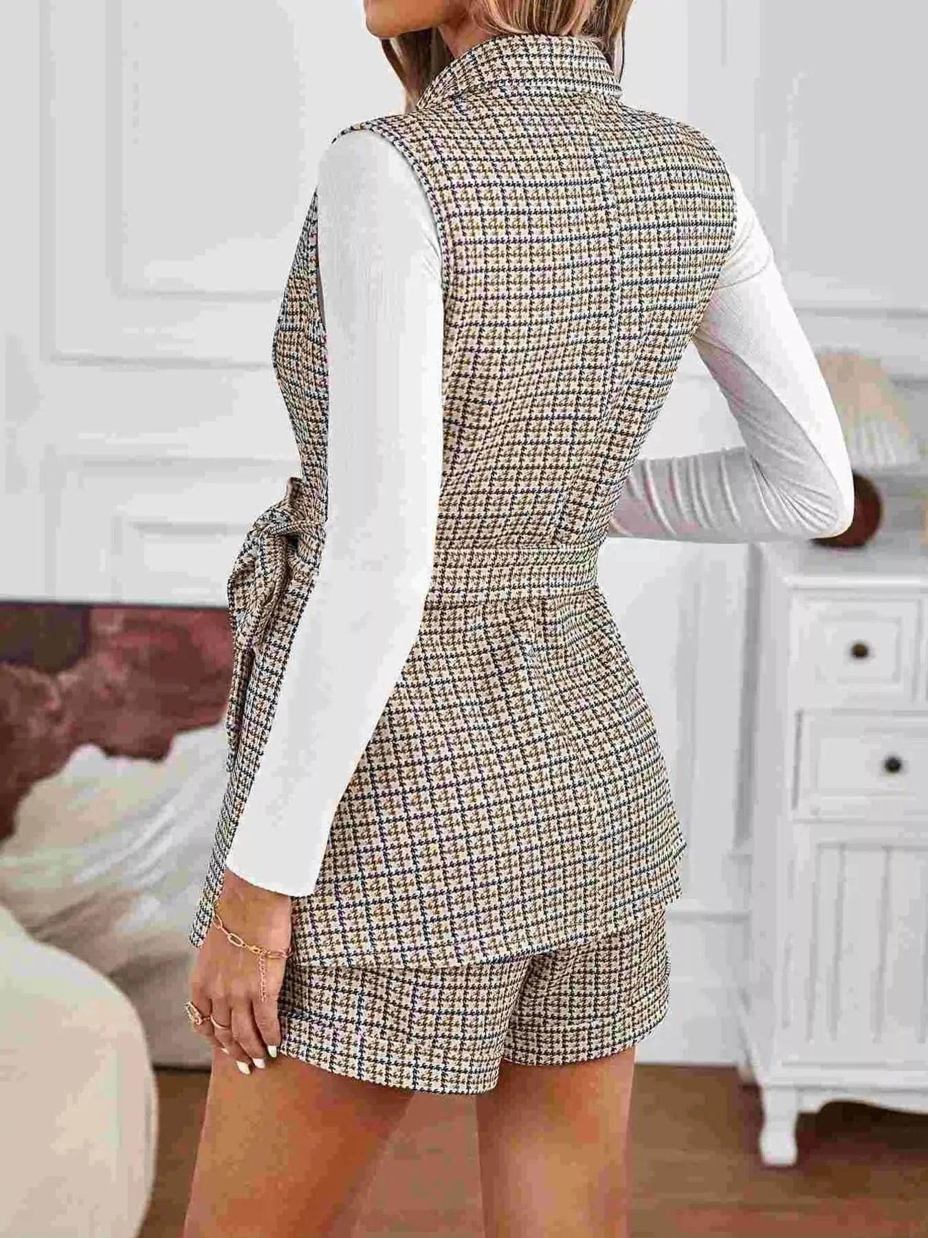 Houndstooth Lapel Collar Vest Coat and Shorts Set - Charmdeals