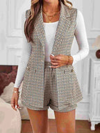 Houndstooth Lapel Collar Vest Coat and Shorts Set - Charmdeals
