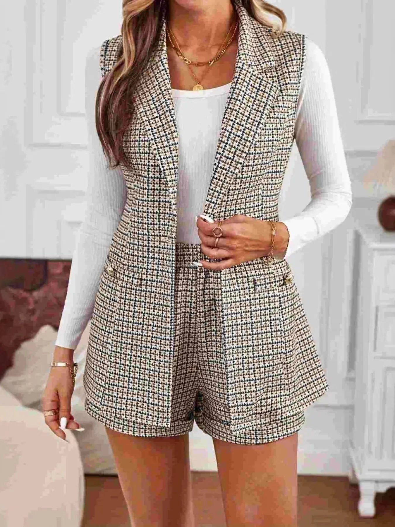 Houndstooth Lapel Collar Vest Coat and Shorts Set - Charmdeals