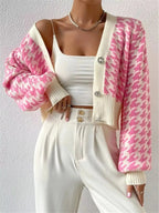 Houndstooth V - Neck Button Up Cardigan - Charmdeals