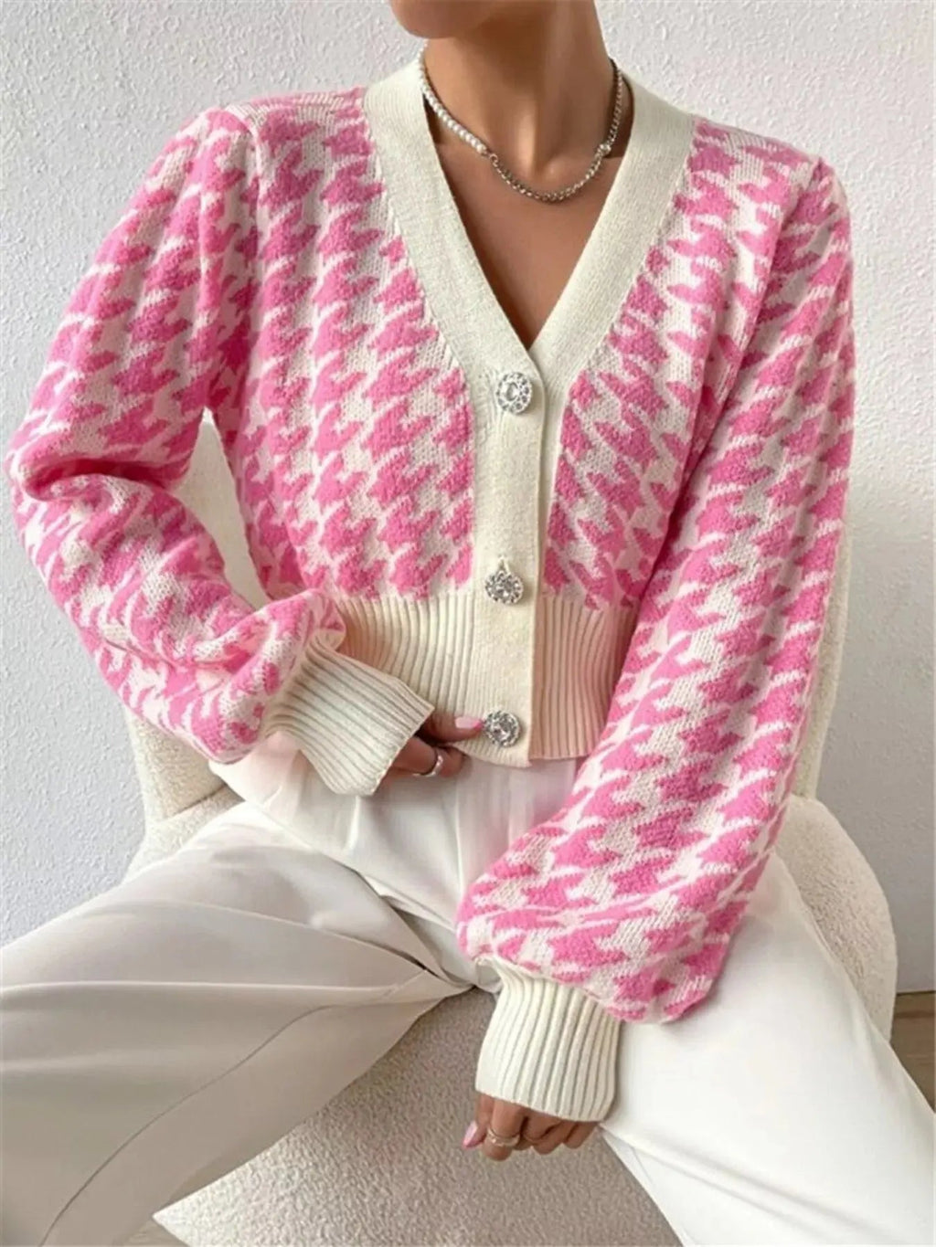 Houndstooth V - Neck Button Up Cardigan - Charmdeals