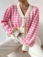 Houndstooth V - Neck Button Up Cardigan - Charmdeals