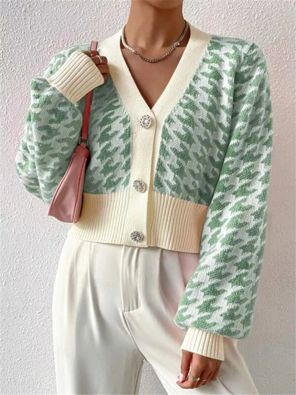 Houndstooth V - Neck Button Up Cardigan - Charmdeals