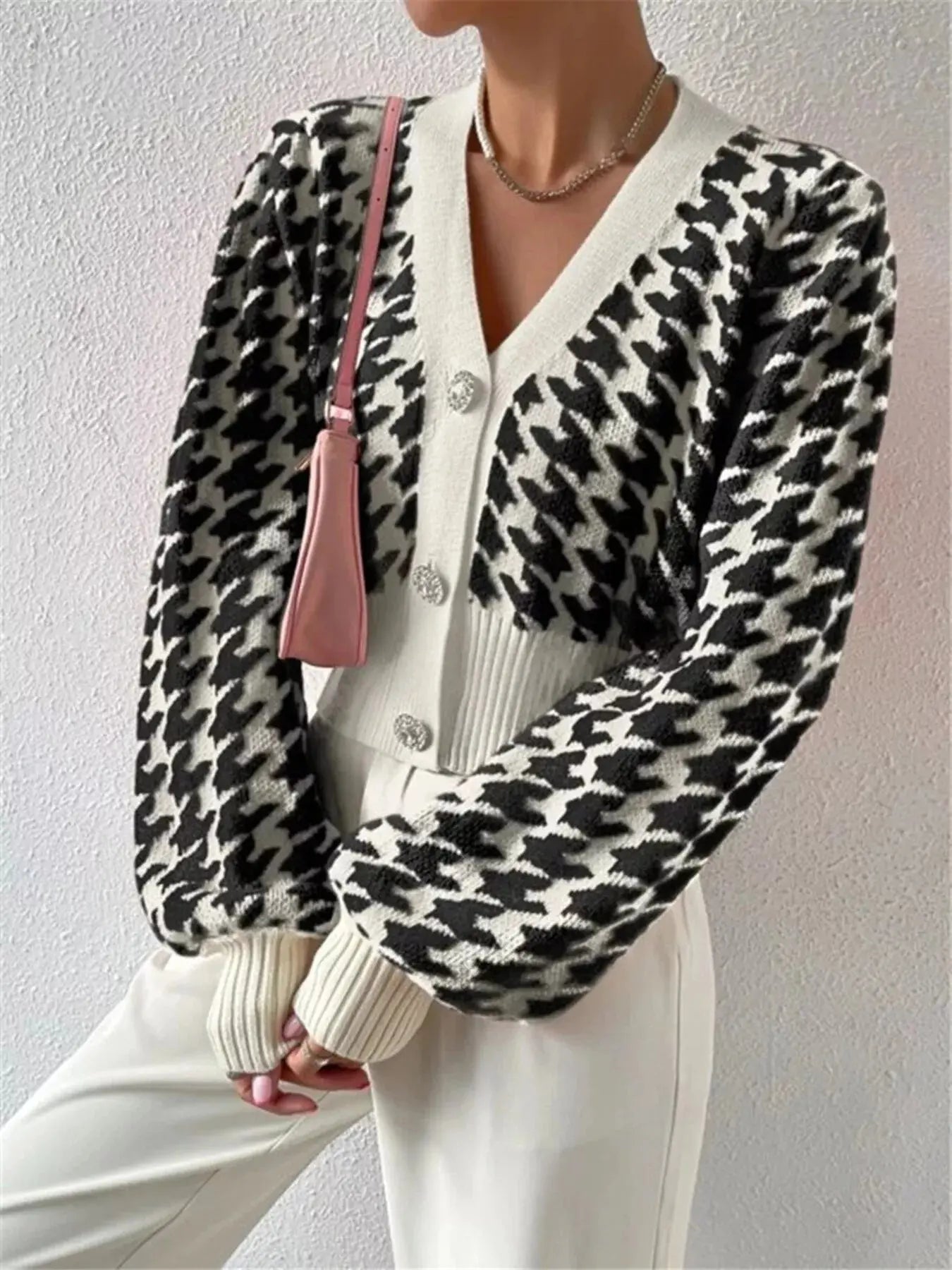 Houndstooth V - Neck Button Up Cardigan - Charmdeals