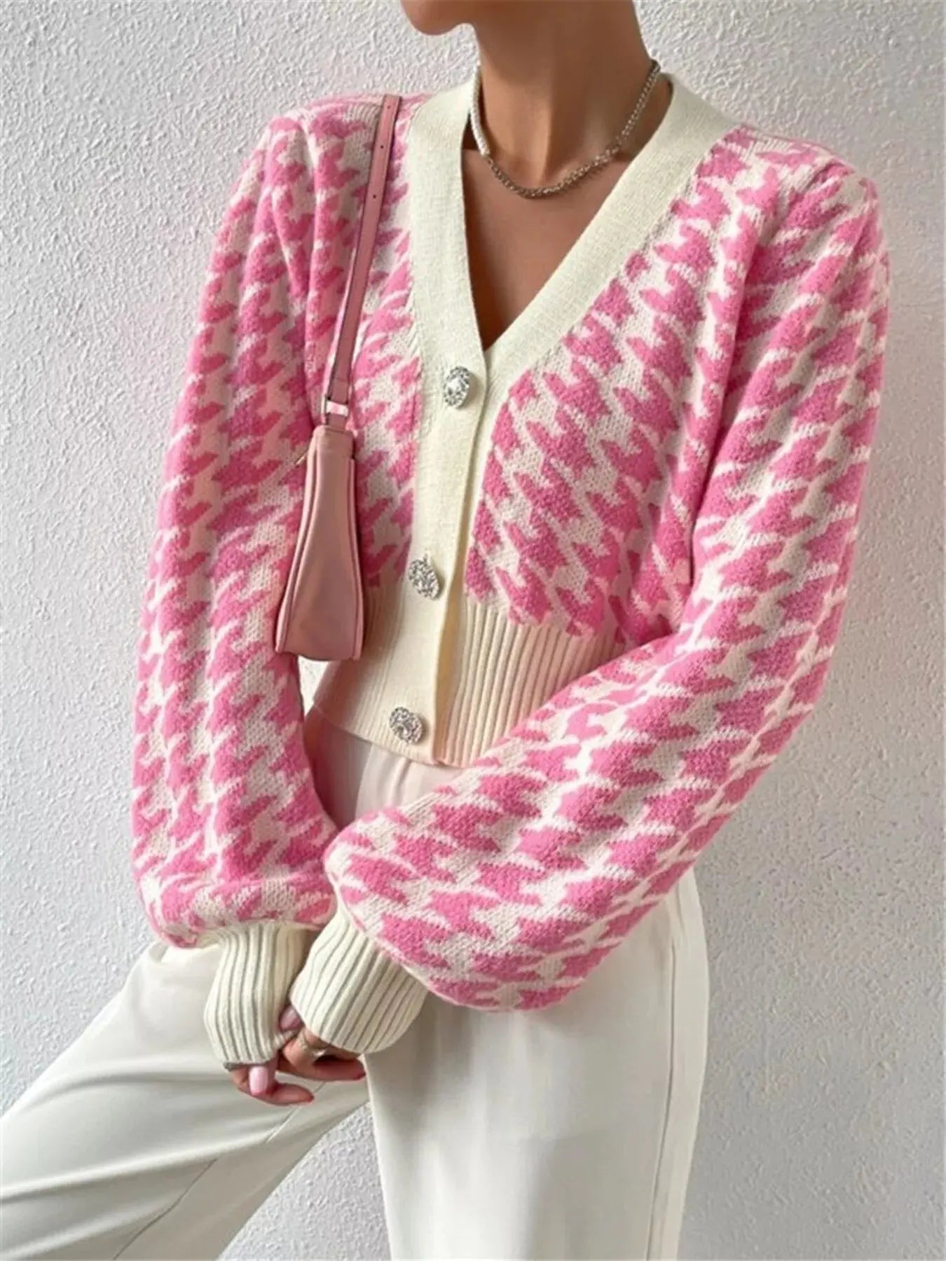 Houndstooth V - Neck Button Up Cardigan - Charmdeals