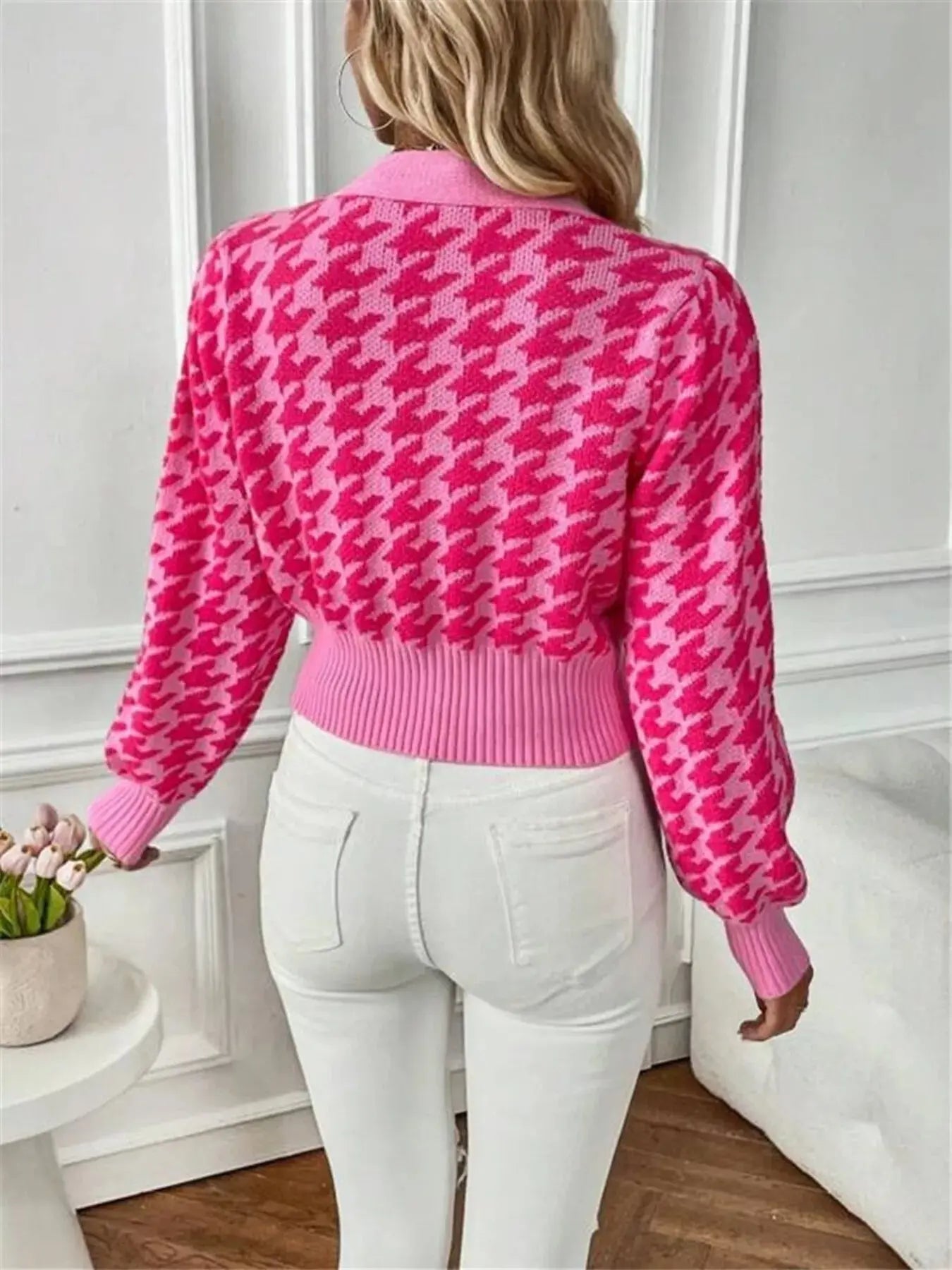 Houndstooth V - Neck Button Up Cardigan - Charmdeals