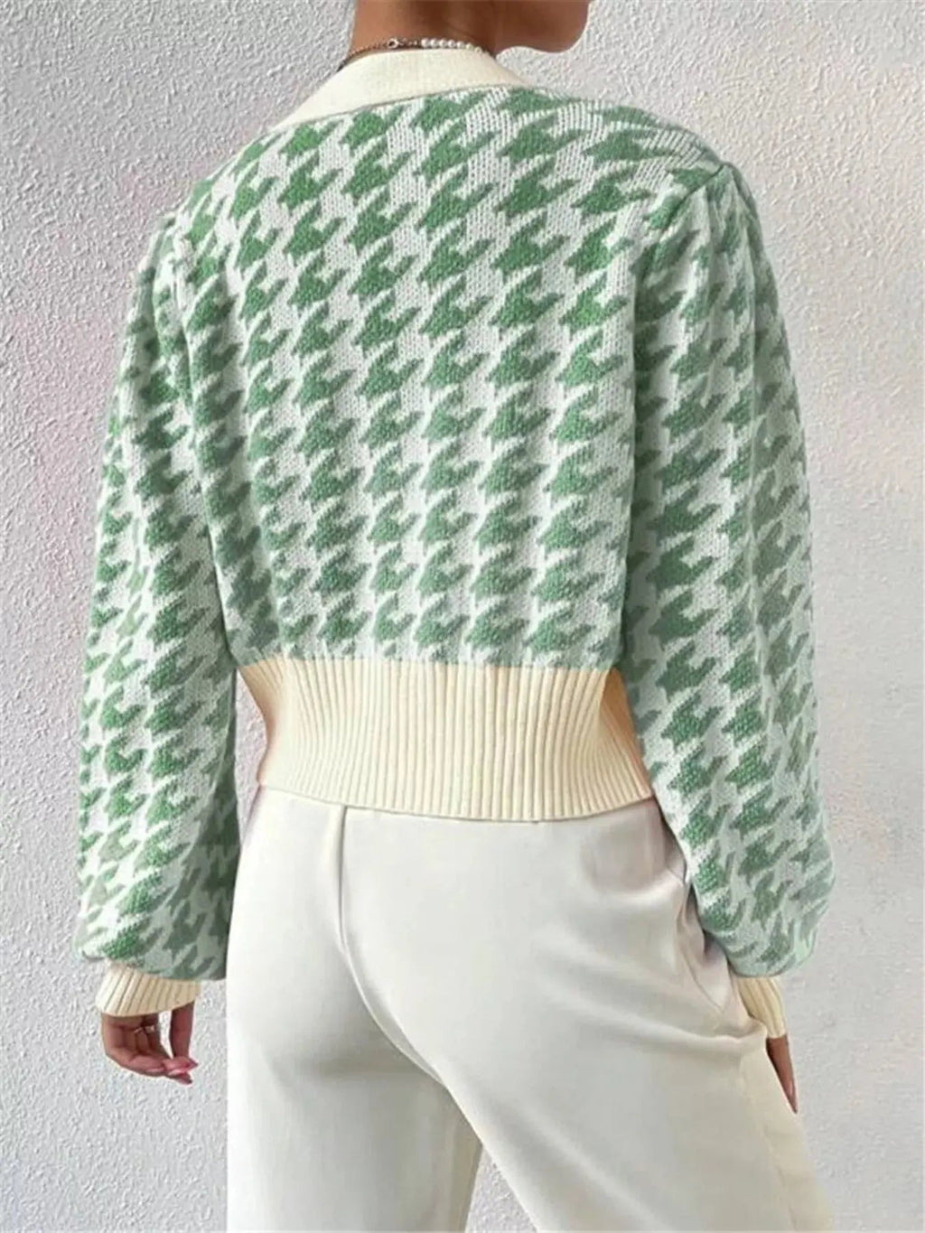 Houndstooth V - Neck Button Up Cardigan - Charmdeals