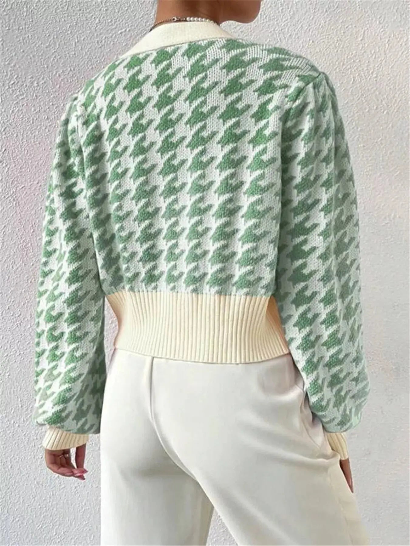 Houndstooth V - Neck Button Up Cardigan - Charmdeals