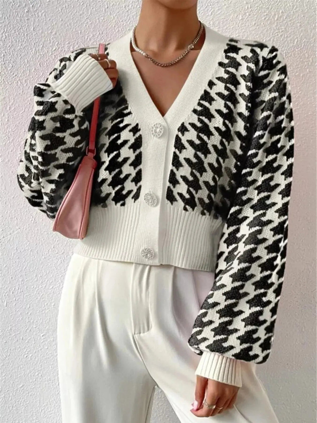 Houndstooth V - Neck Button Up Cardigan - Charmdeals