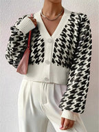 Houndstooth V - Neck Button Up Cardigan - Charmdeals