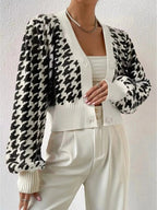 Houndstooth V - Neck Button Up Cardigan - Charmdeals