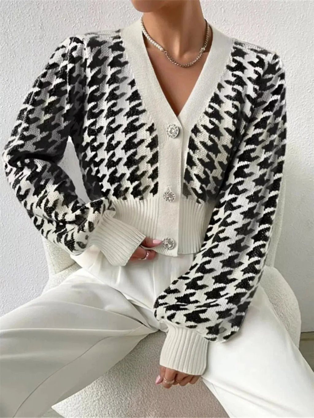 Houndstooth V - Neck Button Up Cardigan - Charmdeals