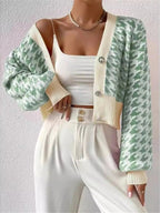 Houndstooth V - Neck Button Up Cardigan - Charmdeals