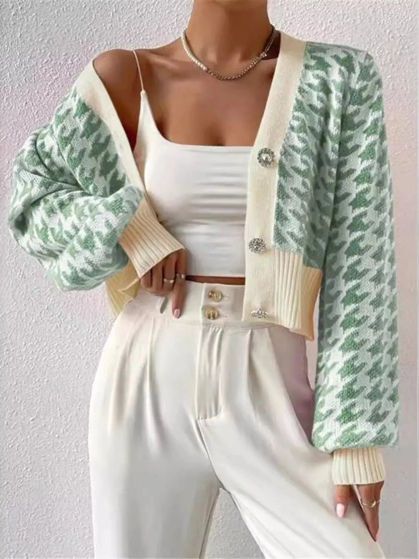 Houndstooth V - Neck Button Up Cardigan - Charmdeals