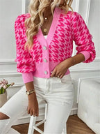 Houndstooth V - Neck Button Up Cardigan - Charmdeals