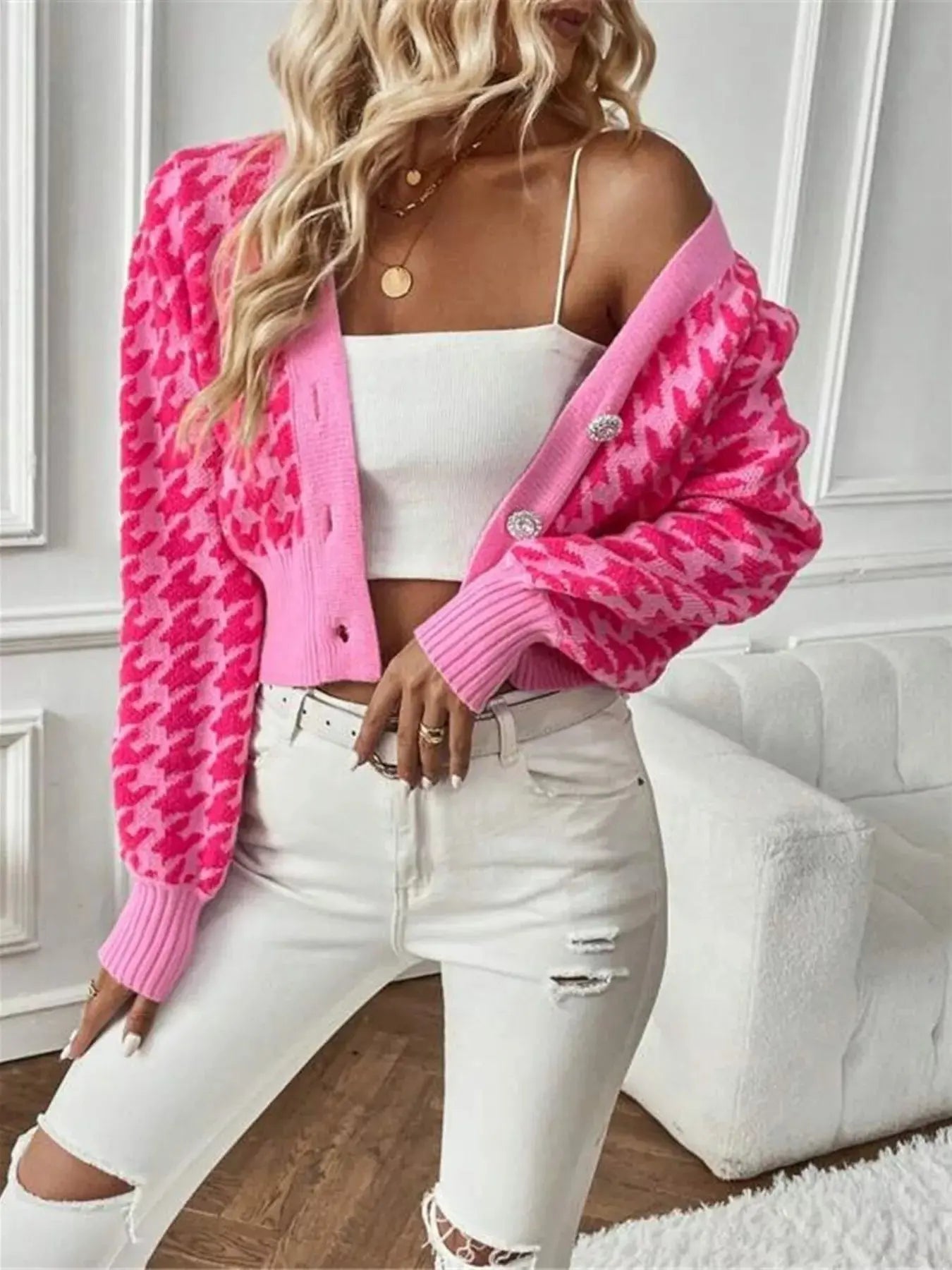 Houndstooth V - Neck Button Up Cardigan - Charmdeals