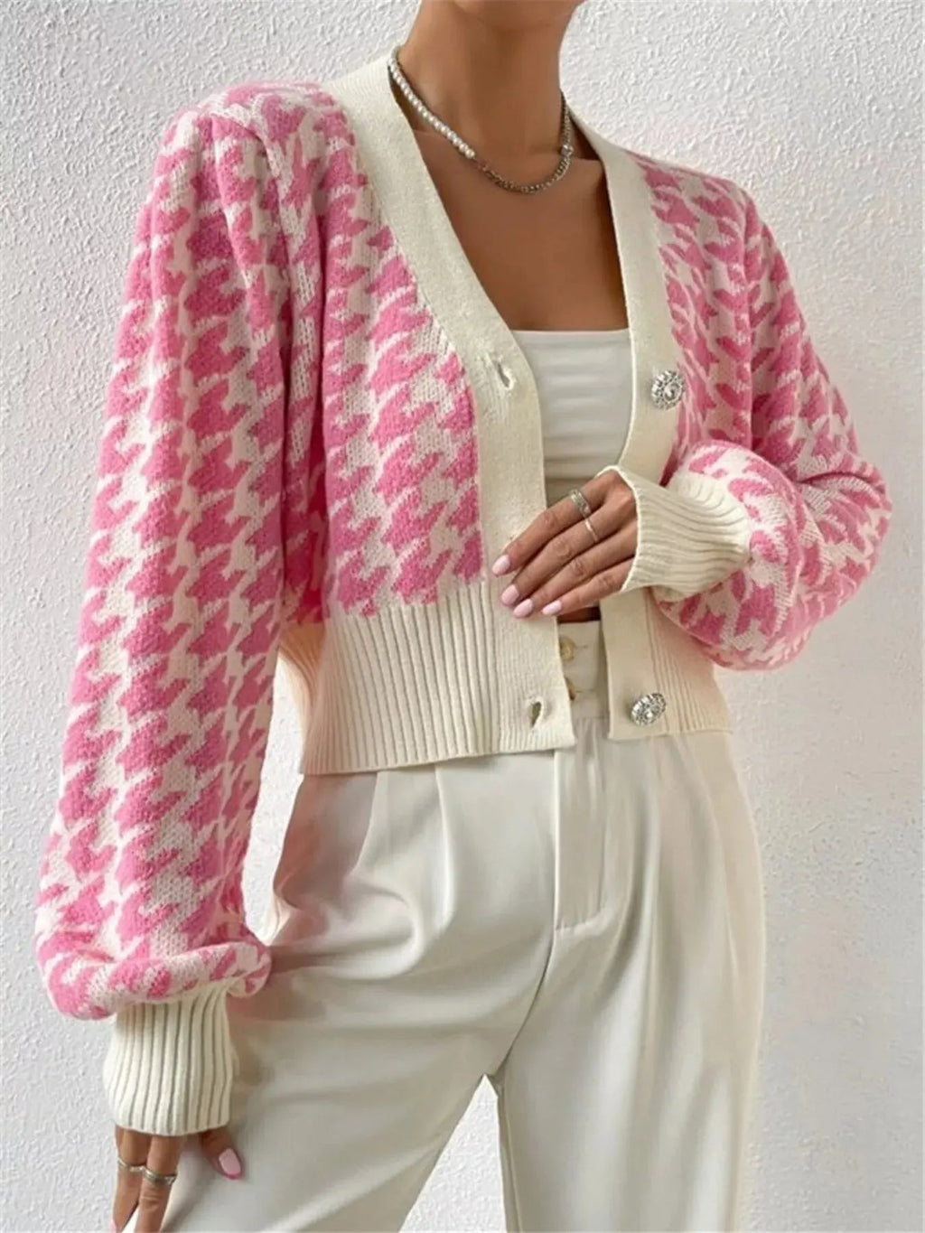 Houndstooth V - Neck Button Up Cardigan - Charmdeals