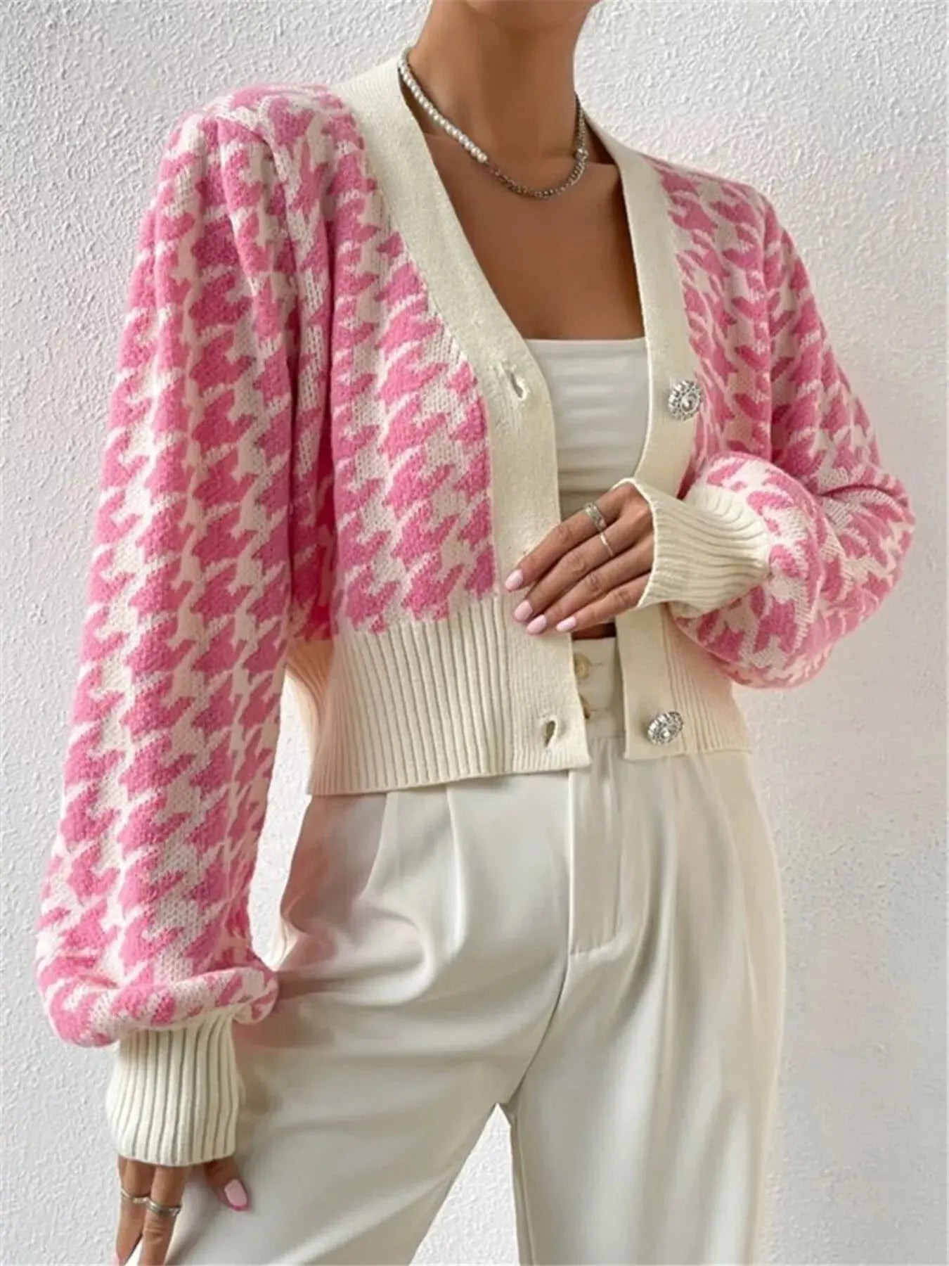 Houndstooth V - Neck Button Up Cardigan - Charmdeals