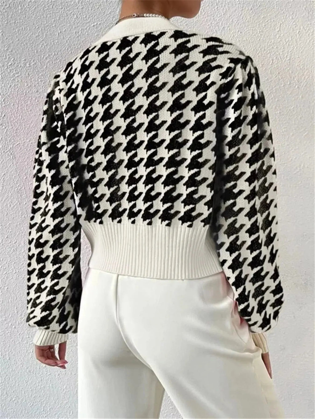Houndstooth V - Neck Button Up Cardigan - Charmdeals