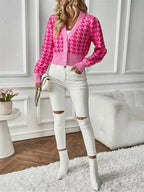 Houndstooth V - Neck Button Up Cardigan - Charmdeals