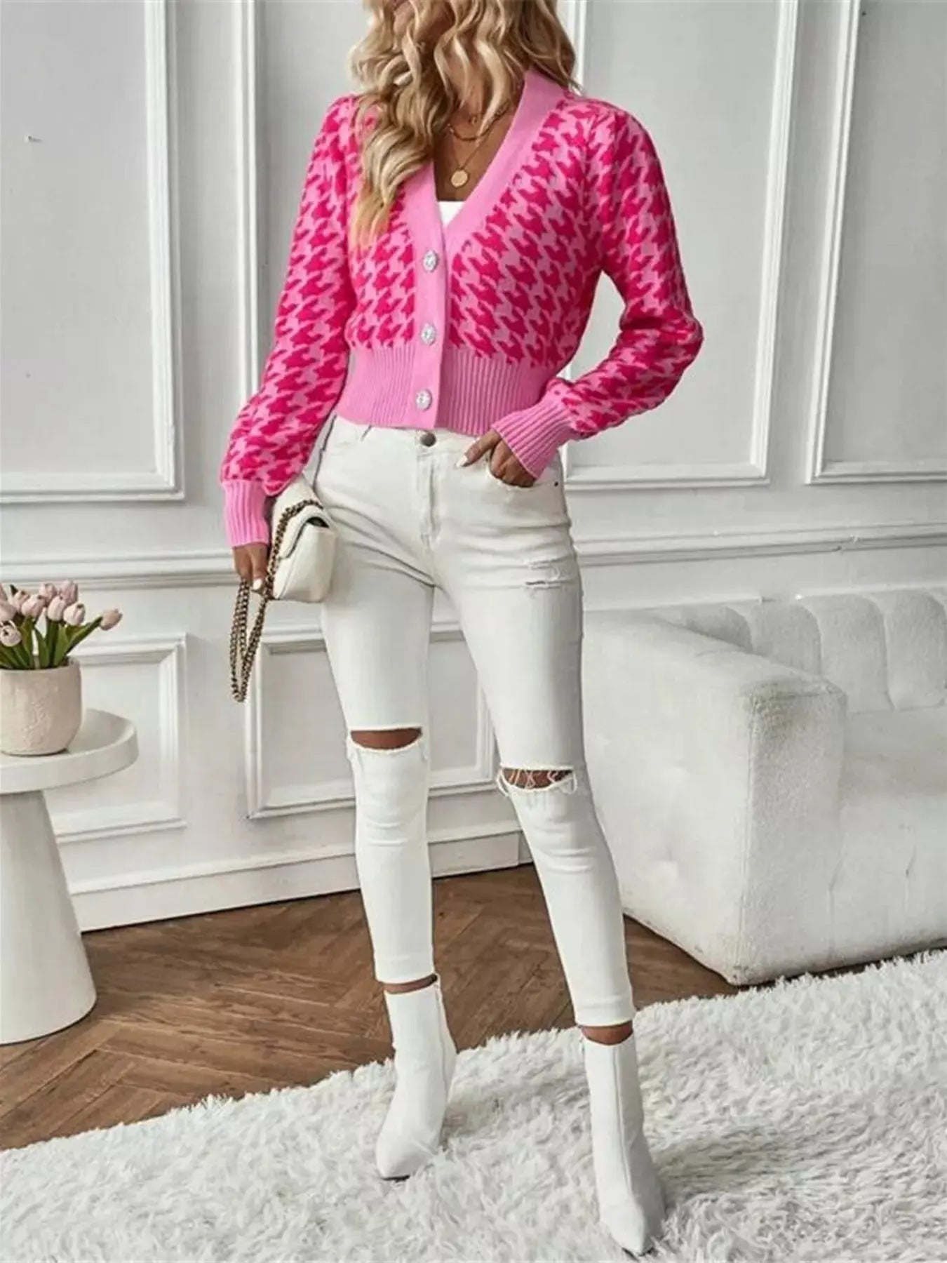 Houndstooth V - Neck Button Up Cardigan - Charmdeals