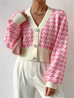 Houndstooth V - Neck Button Up Cardigan - Charmdeals