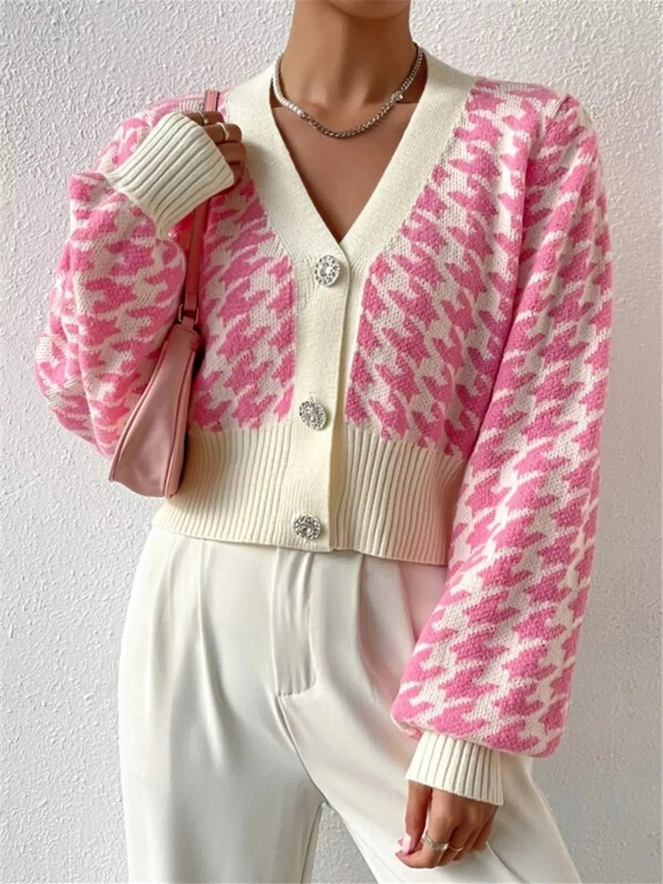 Houndstooth V - Neck Button Up Cardigan - Charmdeals