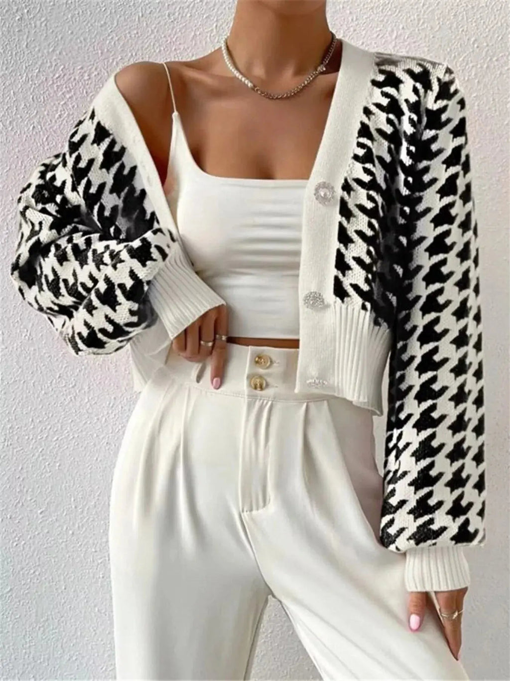 Houndstooth V - Neck Button Up Cardigan - Charmdeals
