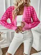 Houndstooth V - Neck Button Up Cardigan - Charmdeals
