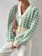 Houndstooth V - Neck Button Up Cardigan - Charmdeals
