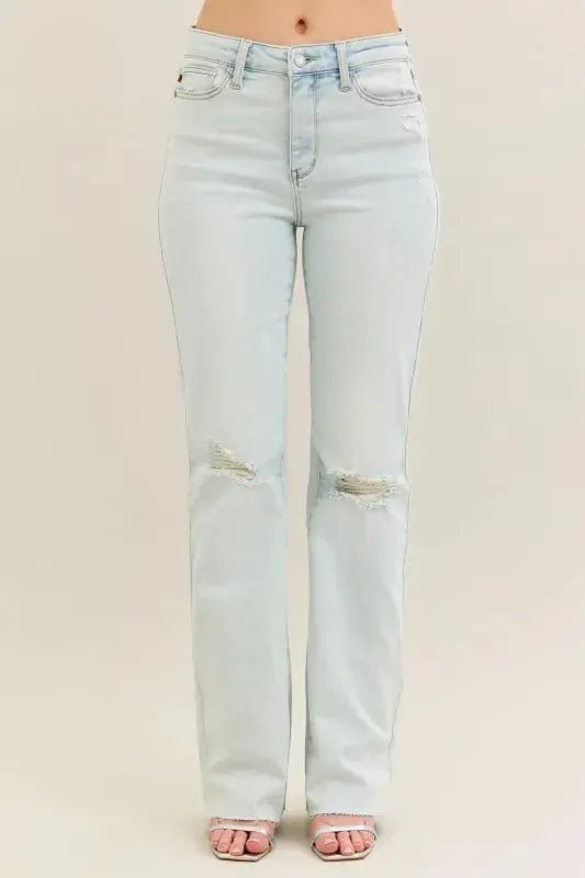 Judy Blue Full Size Destroy & Fray Hem Bootcut Jeans Plus Size - Charmdeals