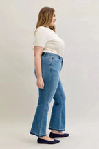 Judy Blue Full Size Mid Rise Slim Bootcut Tummy Control Release Hem Jeans Plus Size - Charmdeals