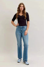 Judy Blue Full Size Mid Rise Slim Bootcut Tummy Control Release Hem Jeans Plus Size - Charmdeals